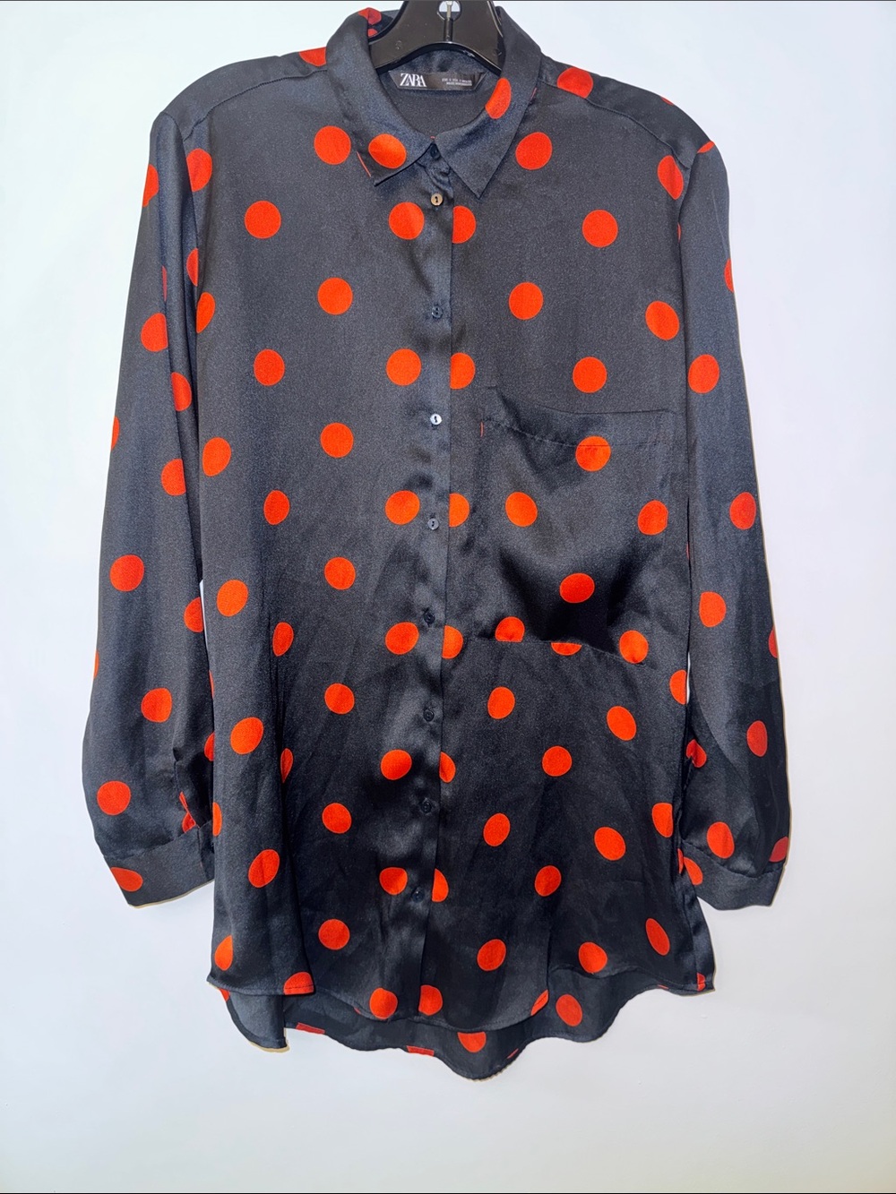 Zara Black Satin Button-Up Blouse with Red Polka Dots
